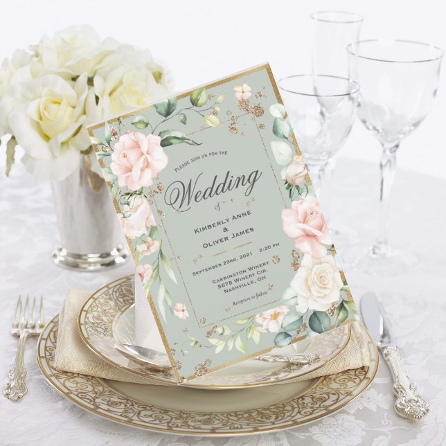 Convite Casamento Floral Romântico da Dourada Sage Green W (Criador carregado)