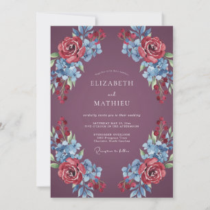 Convite Casamento Floral Romântico de Ameixa Profunda