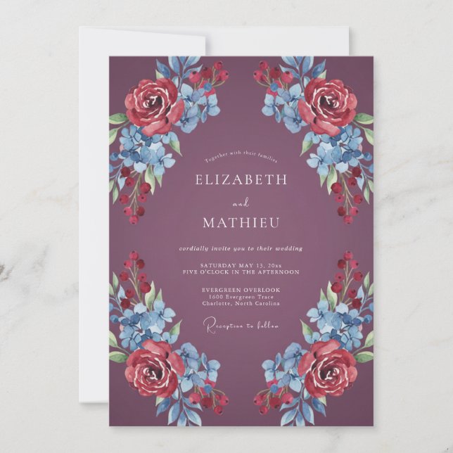 Convite Casamento Floral Romântico de Ameixa Profunda (Frente)