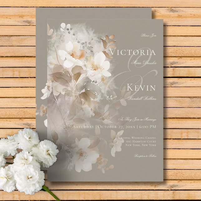 Convite Casamento Floral Romântico de Beige Neutro Eetéreo (Romantic Ethereal Neutral Beige Floral Wedding Invitation)