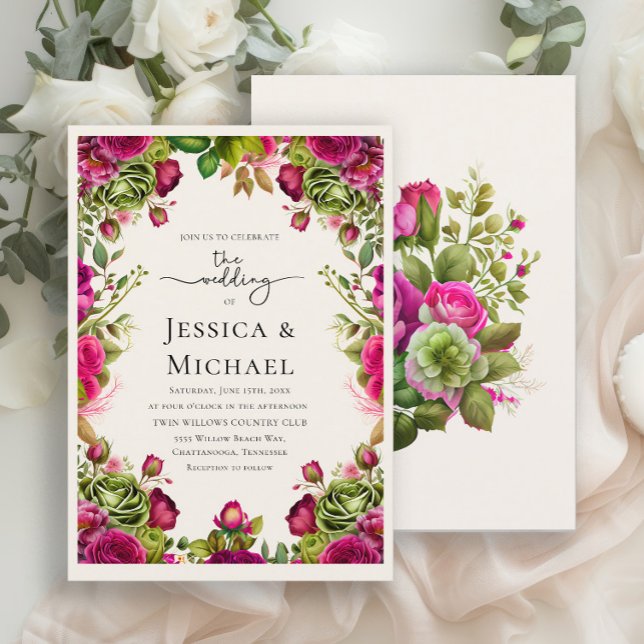 Convite Casamento Floral Romântico de Cor Verde Verde-Rosa (Romantic pink and green watercolor flowers wedding invitation)