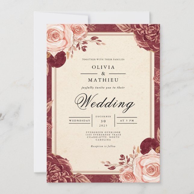 Convite Casamento Floral Romântico de Crimson Bloom (Frente)