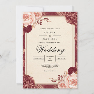 Convite Casamento Floral Romântico de Crimson Bloom