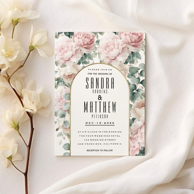 Convite Casamento floral romântico de erva-de-menta-rosa e (Romantic pink mint peony eucalyptus floral Wedding)