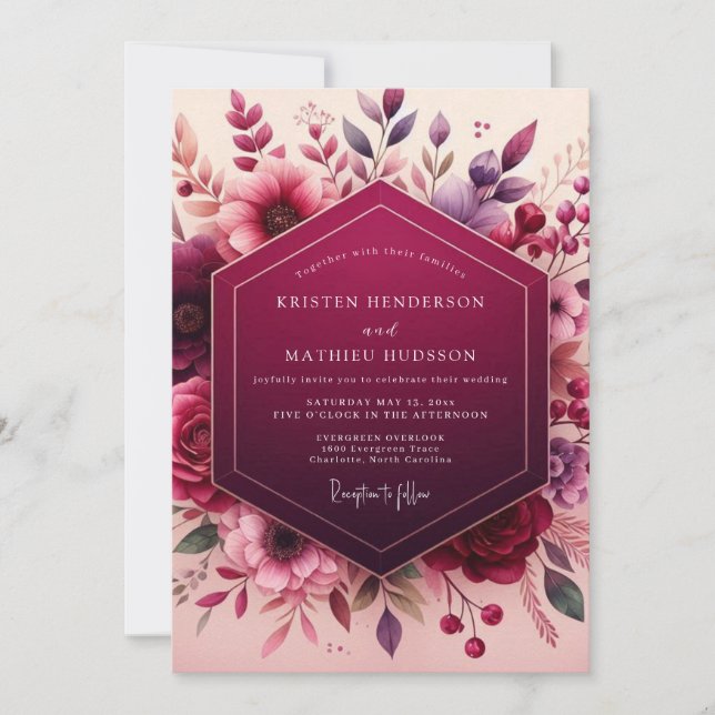 Convite Casamento Floral Romântico de Frutas Profundas (Frente)