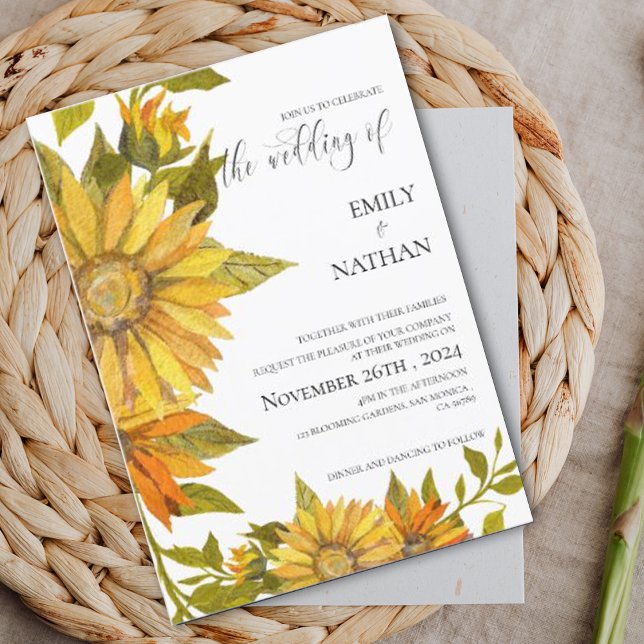 Convite Casamento Floral Romântico de Girassol Amarelo (Romantic Yellow Sunflower Floral Wedding Invitation)