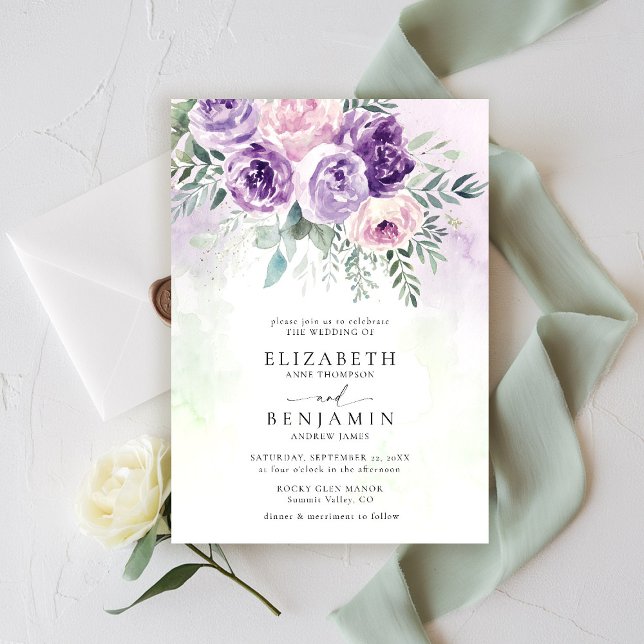 Convite Casamento Floral Romântico de Lavandas Lilás Roxo (purple lavender lilac wedding invitation watercolor floral garden romantic rustic elegant )