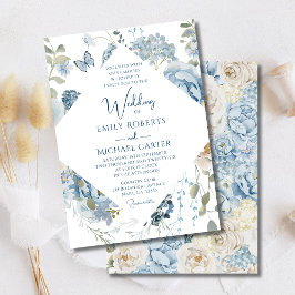 Convite Casamento Floral Romântico de Molas Azuis Azuis