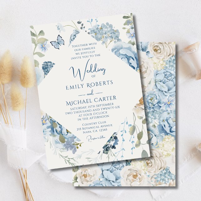 Convite Casamento Floral Romântico de Molas Azuis Azuis (Criador carregado)