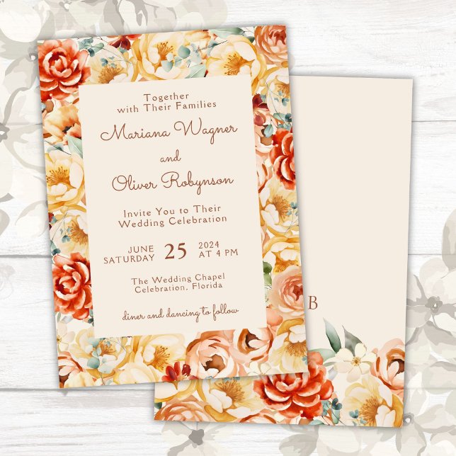 Convite Casamento Floral Romântico de Pêssego Beige (Criador carregado)