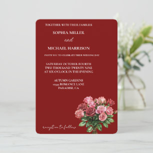 Convite Casamento Floral Romântico de Rosas Rosa Vermelhas