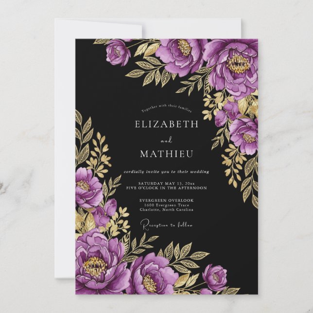 Convite Casamento Floral Romântico Dourado Roxo (Frente)