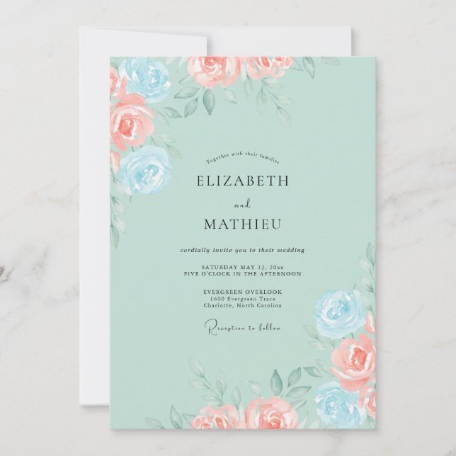 Convite Casamento Floral Romântico em Água Pálida (Frente)
