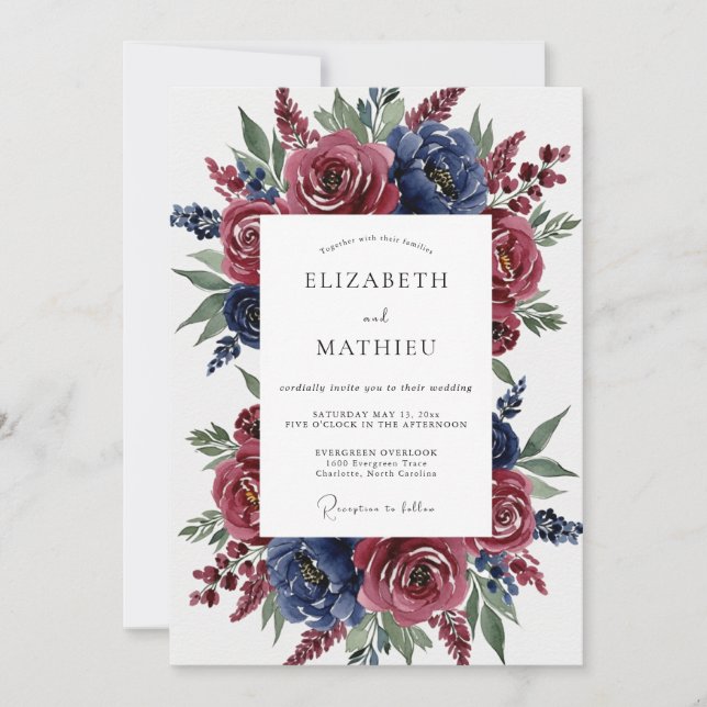 Convite Casamento Floral Romântico em Azul Borgonha (Frente)
