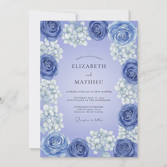 Convite Casamento Floral Romântico em Azul Desbotado (Frente)