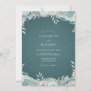 Convite Casamento Floral Romântico em Azul Escuro