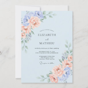 Convite Casamento Floral Romântico em Azul Pastel