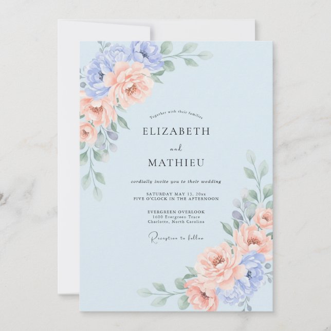 Convite Casamento Floral Romântico em Azul Pastel (Frente)