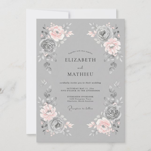 Convite Casamento Floral Romântico em Bege Cinza (Frente)