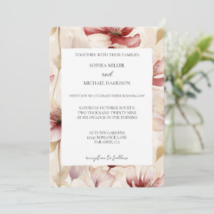 Convite Casamento Floral Romântico em Branco e Vermelho Cr