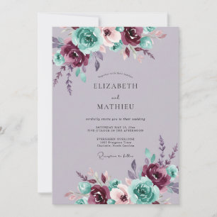 Convite Casamento Floral Romântico em Burgundy e Azul Turq