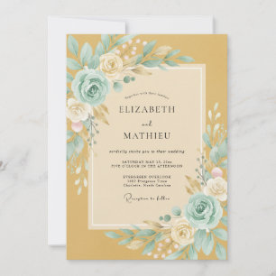 Convite Casamento Floral Romântico em Dourado e Azul Turqu