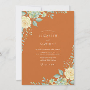 Convite Casamento Floral Romântico em Laranja Queimada
