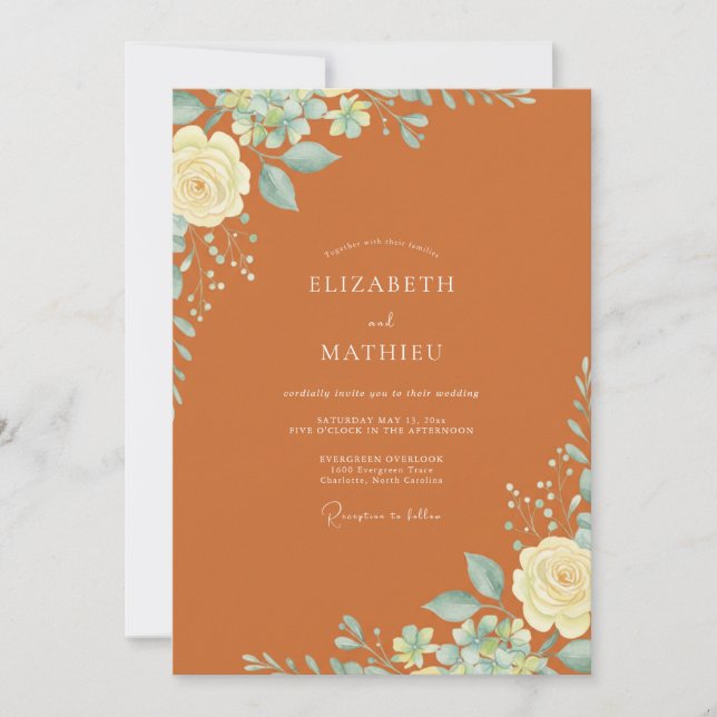 Convite Casamento Floral Romântico em Laranja Queimada (Frente)