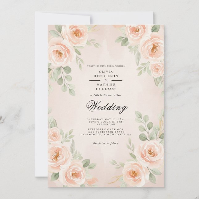 Convite Casamento Floral Romântico em Pêssego (Frente)
