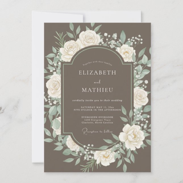 Convite Casamento Floral Romântico em Taupe (Frente)