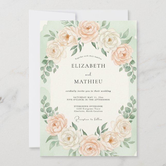 Convite Casamento Floral Romântico em Tom de Pêssego Pálid (Frente)
