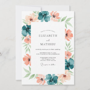 Convite Casamento Floral Romântico em Verde Água e Pêssego