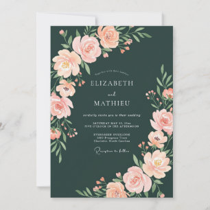 Convite Casamento Floral Romântico em Verde Floresta e Pês