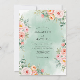 Convite Casamento Floral Romântico em Verde Menta