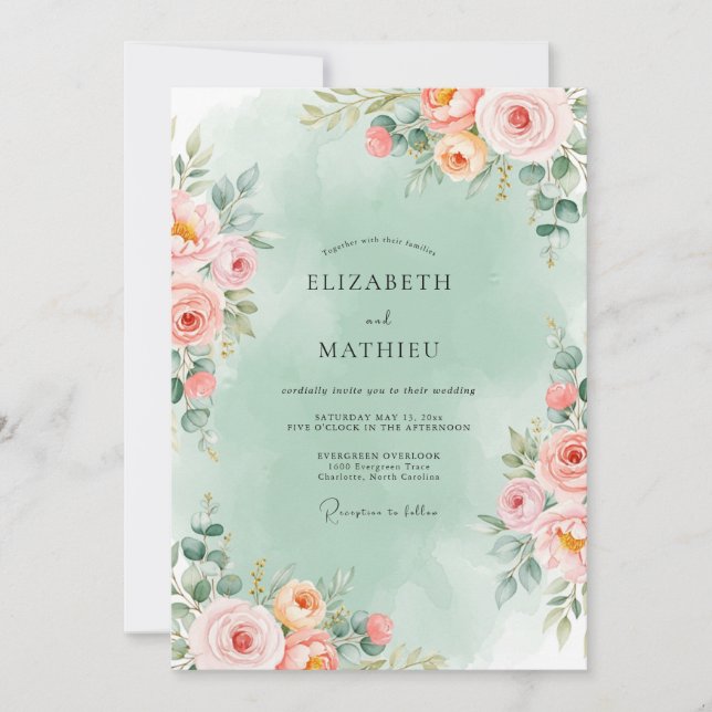 Convite Casamento Floral Romântico em Verde Menta (Frente)