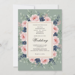 Convite Casamento Floral Romântico em Verde Sage