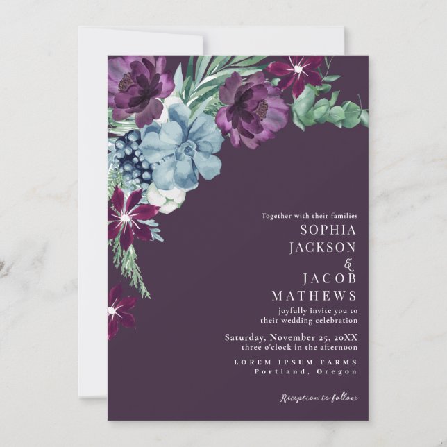Convite Casamento Floral Romântico-Escuro-Moody Purple (Frente)