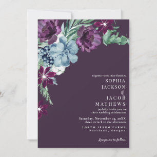 Convite Casamento Floral Romântico-Escuro-Moody Purple