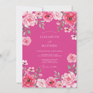 Convite Casamento Floral Romântico Fúcsia Radiante
