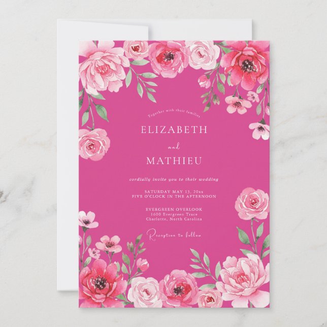 Convite Casamento Floral Romântico Fúcsia Radiante (Frente)