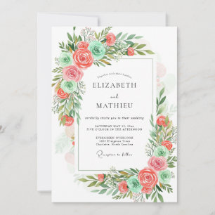 Convite Casamento Floral Romântico Hortelã Coral