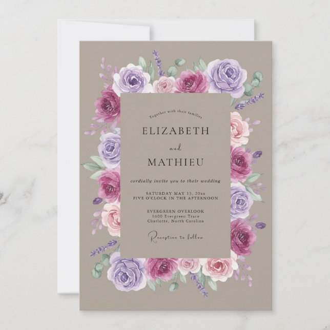 Convite Casamento Floral Romântico Lavanda Ameixa (Frente)