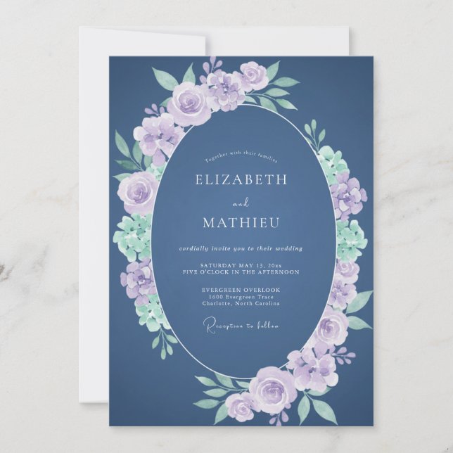 Convite Casamento Floral Romântico Lavanda Marinho (Frente)