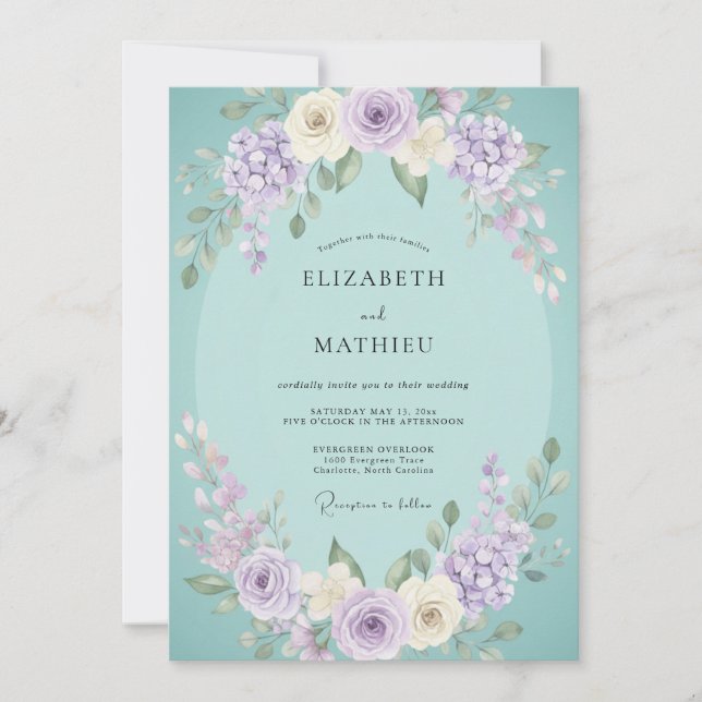 Convite Casamento Floral Romântico Lavanda Menta (Frente)