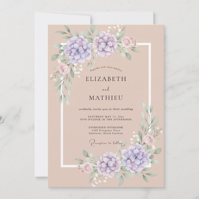 Convite Casamento Floral Romântico Lavanda Pêssego (Frente)