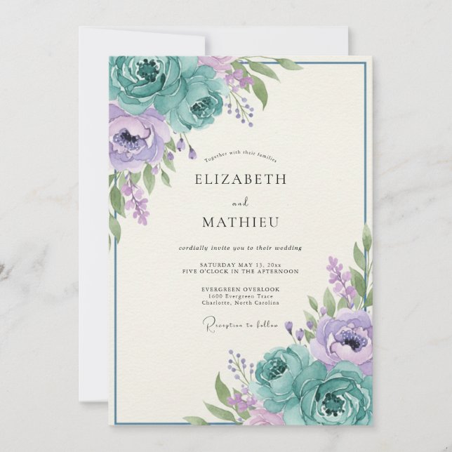 Convite Casamento Floral Romântico Lavanda Turquesa (Frente)