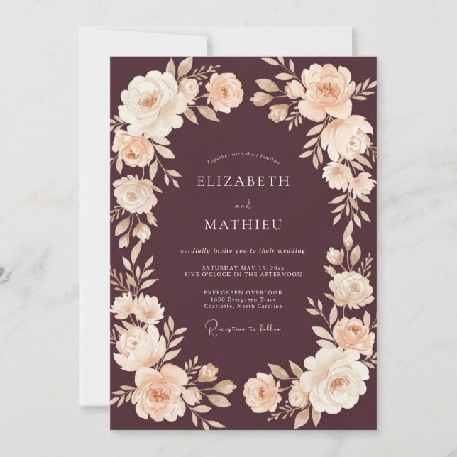 Convite Casamento Floral Romântico Marrom (Frente)
