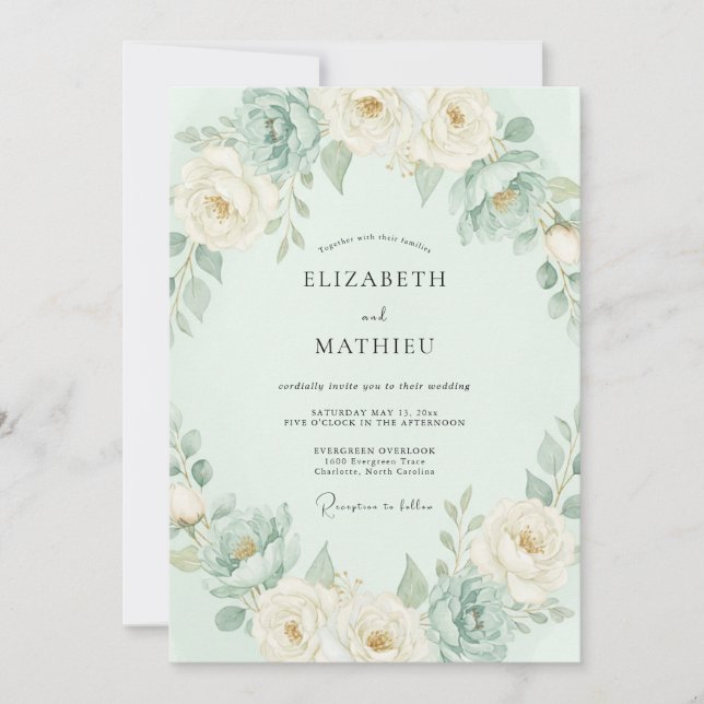 Convite Casamento Floral Romântico Menta (Frente)