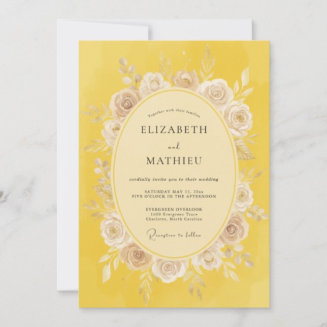 Convite Casamento Floral Romântico Mostarda (Frente)