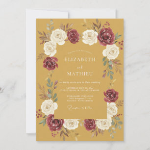 Convite Casamento Floral Romântico Mostarda Borgonha